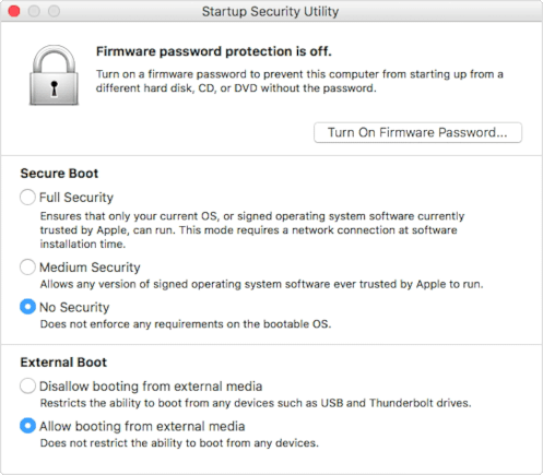 Screenshot of a macOS "Startup Security Utility" window from the recovery mode. In the "Secure Boot" section the option "No Security" is selected. In the "External Boot" section the option "Allow booting from external media" is selected.