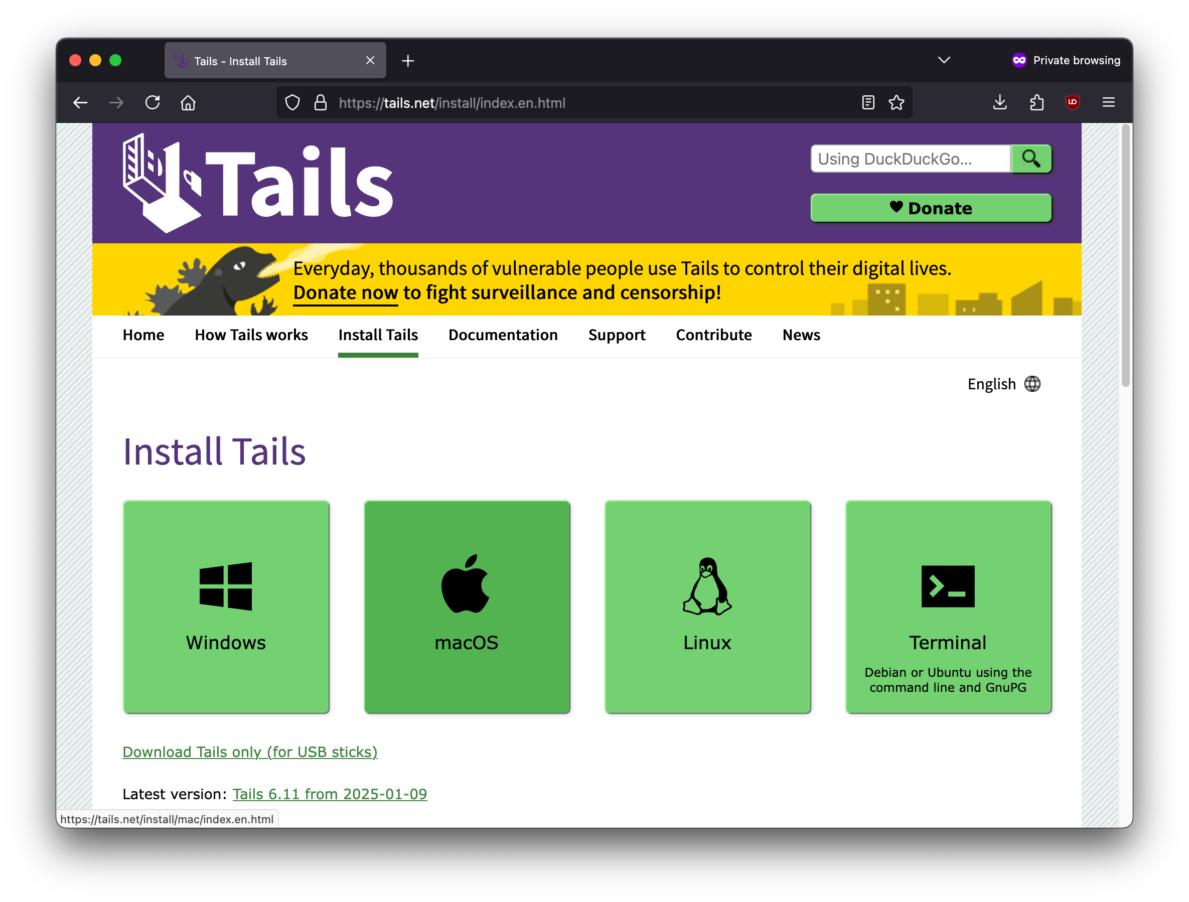 Screenshot of a browser window showing Tails' installation page.