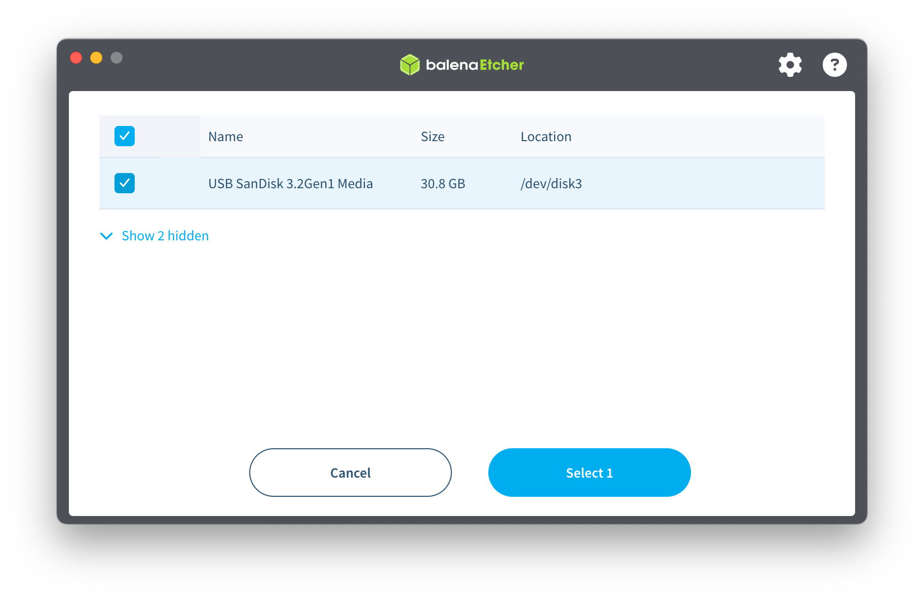 Screenshot of a balenaEtcher window inside a menu with one or more checkboxes. One checkbox is selected next to a USB stick name and description.