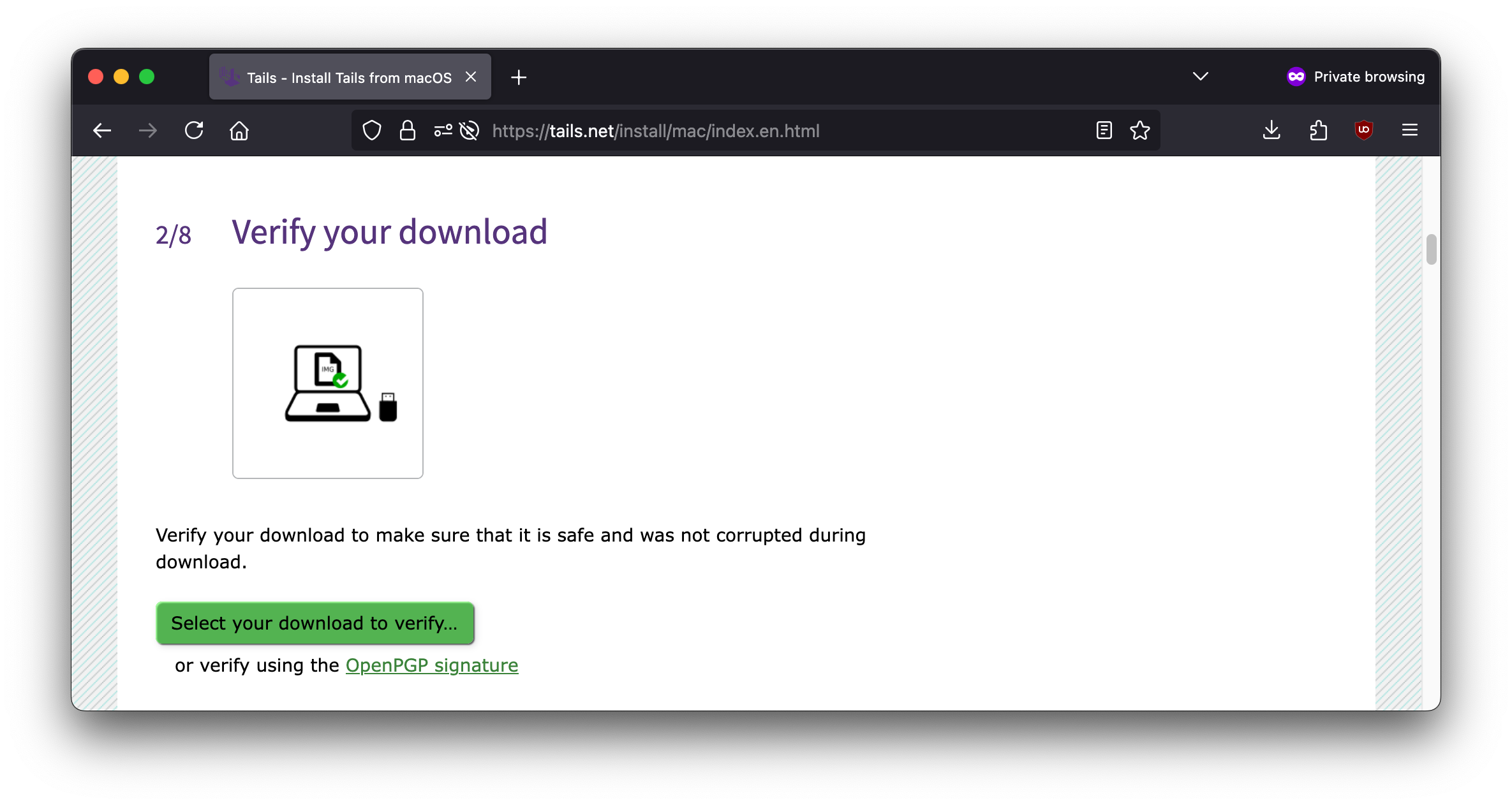 Screenshot of a browser window showing Tails' verification step.