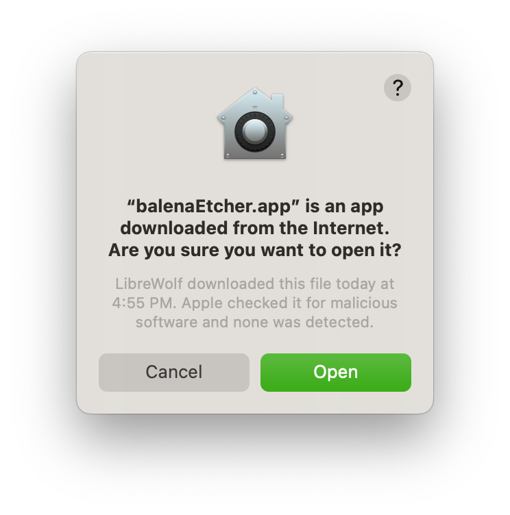 Screenshot of a macOS popup with a warning message with the options to Cancel or Open.