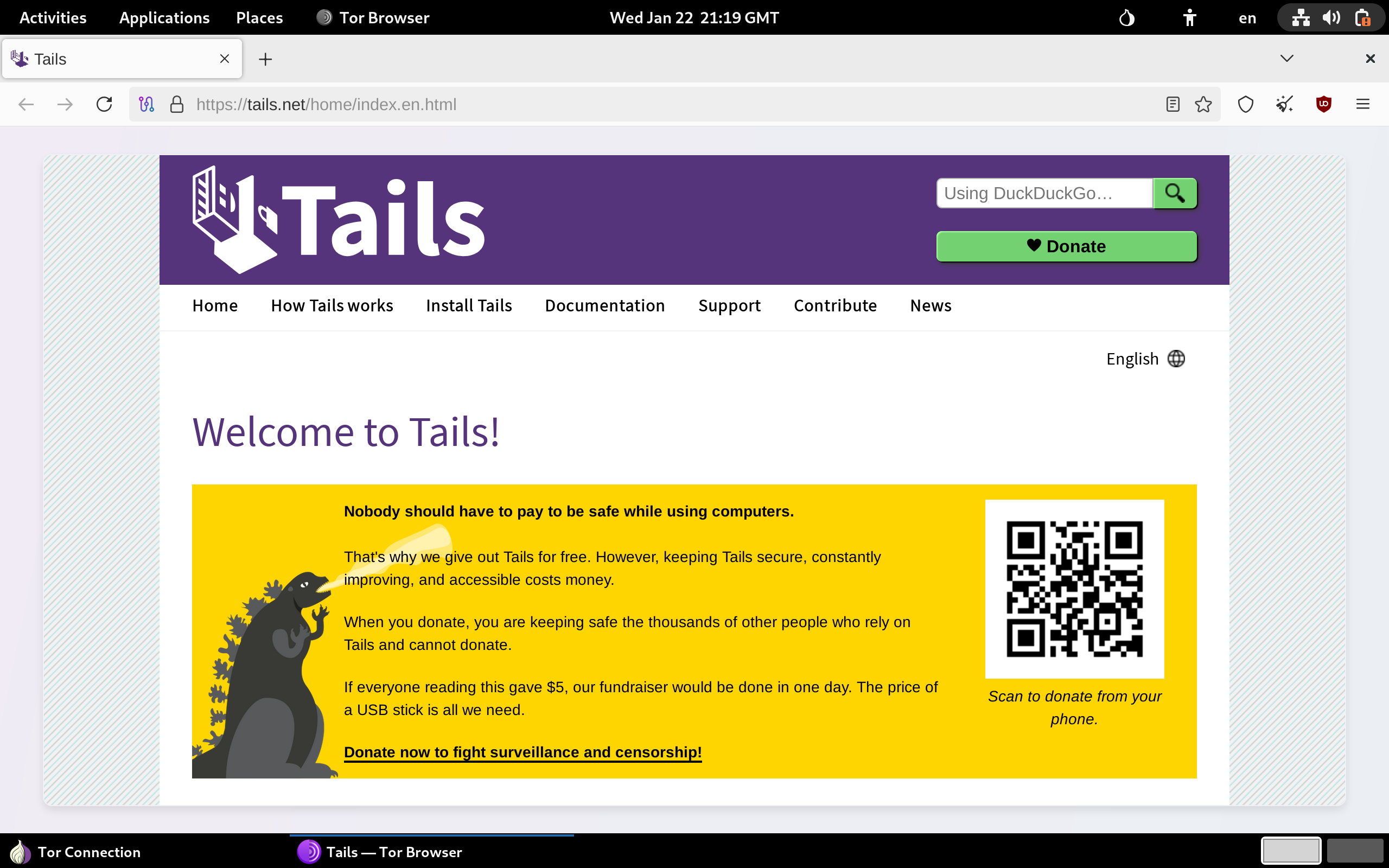 Screenshot within Tails showing the Tor Browser application displaying the Tails website welcome page.