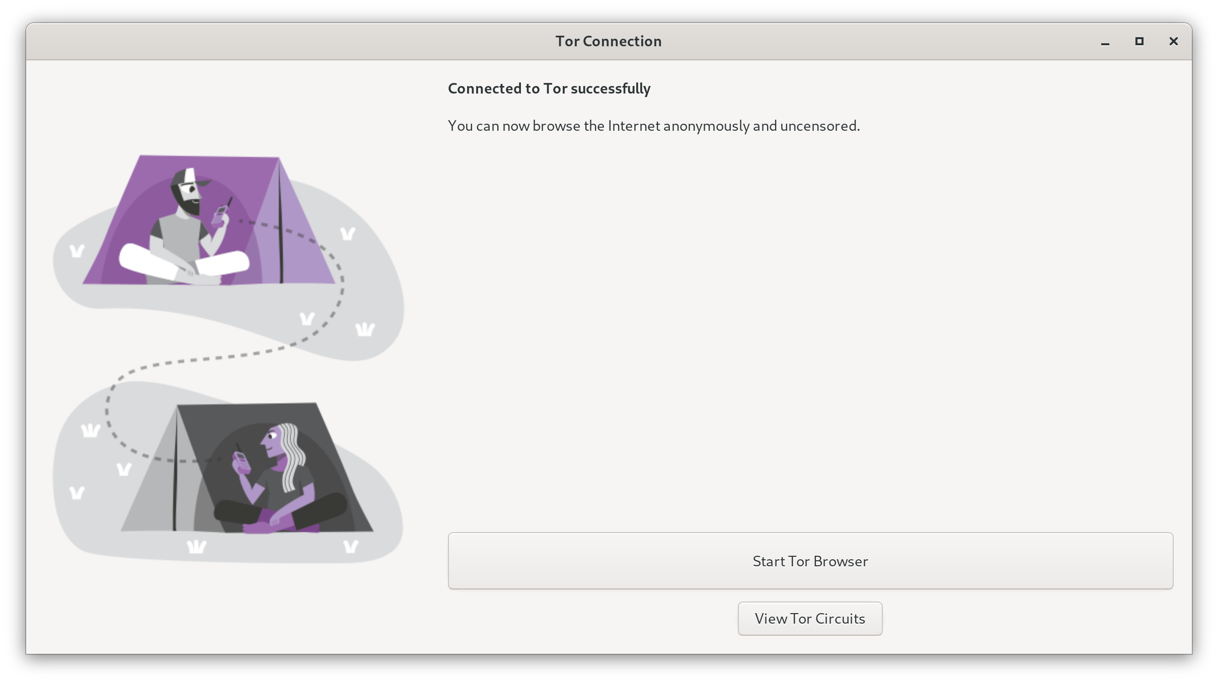 Screenshot of a window within Tails titled "Tor Connection" indicating the connection to Tor was successful. There is a button at the bottom labeled "Start Tor Browser".